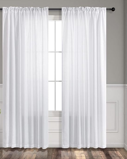 White Back Tab Curtains 45 Inch Length for Kitchen 2 Panels Set Pocket Light Reducing Semi Sheer Cotton Look Casual Woven Textured Short Cafe Tier Curtains for Bathroom Bedroom Dining Room 52x45 Long
