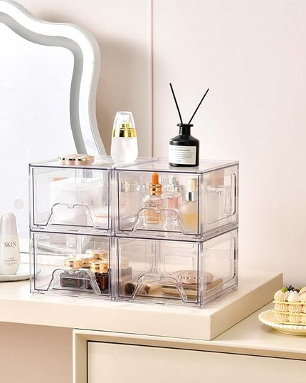4 Pack Stackable Makeup Organizer, 4.4'' Tall Acrylic Bathroom Makeup Organizer and Storage Drawer with Pull-out Handle, Clear Plastic Storage Bins for Vanity,Pantry,Desk,Undersink,Kitchen