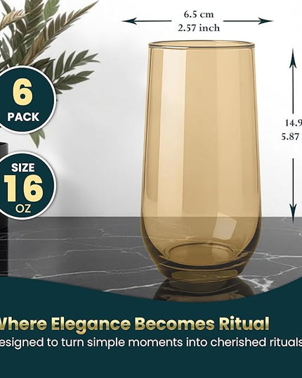 Amber Drinking Glasses Set of 6 | 16 oz Amber Glass Cups | Highball Drinkware for Cocktails, Long Drink, Water, Mojito, Juice, Soda