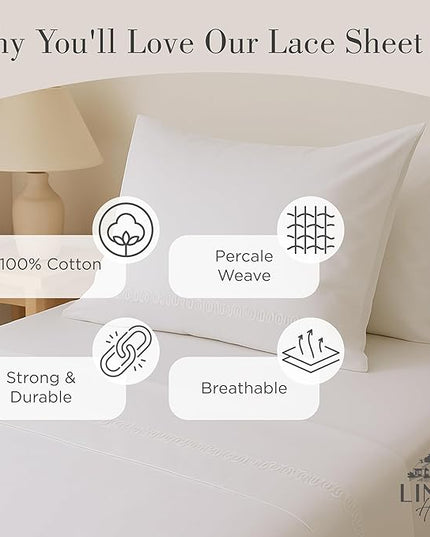 Linen Home 100% Cotton Percale Interlocked Loops Lace Pillowcases King Size, White, 2 Pieces of Pillow Case, Crisp and Cool Strong Bed Linen, 20 inches X 40 inches