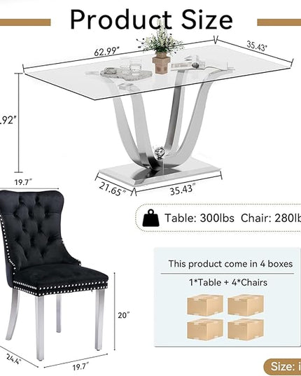 70" Modern Silver Glass Dining Table Set for 4, 5-Piece Rectangle Kitchen Dining Room Table Set with Steel Base & 4 Black Velvet Upholstered Chairs, Modern Glass Kitchen Table and Chairs Set of 4