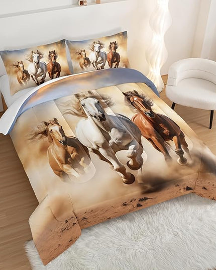Pentium Horse Print Bedding Comforter Set Queen Size for Teens,Farm Animal Pattern Bedding Set for Boys Girls Room Horse Decor,Desert Theme Bedding Set with 2 Pillowcases.