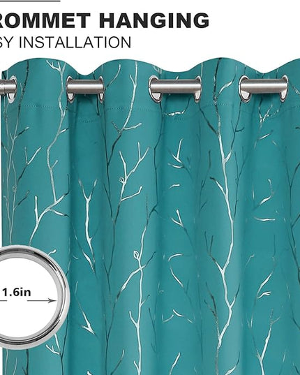BUHUA White Black Out Curtains 84 Inch Long 2 Panels, Soundproof Curtains with Elegant Silver Tree Branches Print, Heat Blocking Curtains for Livingroom, 52W x 84L, Teal Blue