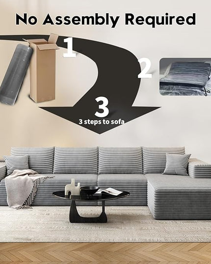 135.4" Cloud Modular Sectional Sofa Couch with L-Shape Chaise,Modern Minimalist Upholstered Couches for Living Room Bedroom,Deep Seat Corner Couch，No Assembly Required (Grey,Right Facing Chaise)
