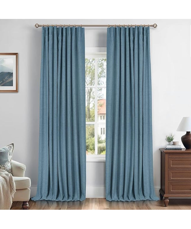 INOVADAY 100% Blackout Curtains for Bedroom, Black Out Curtains 96 Inch Long, Clip Rings Linen Blackout Drapes, Thermal Insulated Room Darkening for Living Room, 2 Panels - Tone Blue,W50xL96
