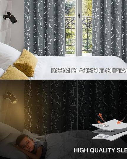 BUHUA Blackout Curtains for Bedroom Livingroom Window Curtains Panels Thermal Insulated Windproof Elegant Tree Branches Silver Print 52W x 54L, Light Grey, 2 Panels