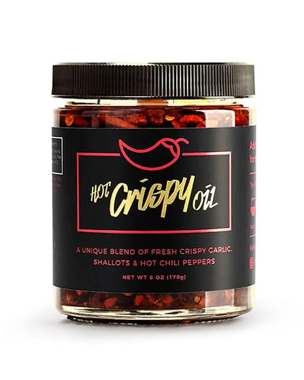 Hot Crispy Oil, An all natural unique blend of fresh fried shallots, fresh garlic and a proprietary blend of three different chili peppers. Highly addictive.