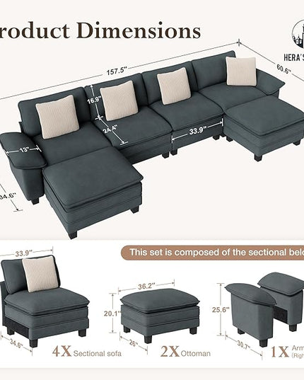 HERA'S HOUSE 158" Modular Sectional Sofa, Oversized U Shaped Couches for Living Room, Comfy Cloud Couch with Ottoman, 6-Seater Deep Seat Sofa with Throw Pillow, Chenille Blue