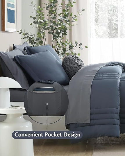Monbix Twin XL Size Comforter Set - Extra Long 5 Pieces Dorm Bedding Sets, Quilting Design Fluffy Bed in a Bag Twin XL with Sheets, Pillowcase & Sham(Blue Grey)