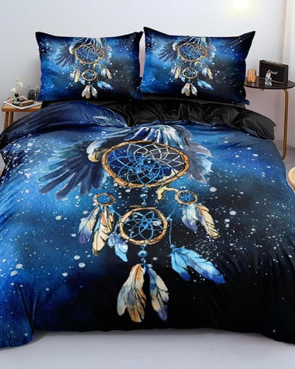 Blue Dream Catcher Twin Duvet Cover Boho Style – Bohemian Bedding Set with Tribal Print – Soft Microfiber Boho Comforter Cover for Bedroom Décor