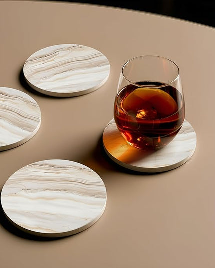 VEYRO Coasters Set of 6 for Drinks – Absorbent Ceramic Stone Drink Coasters with Cork Backing for Coffee Table & Desk, Modern Marble Look Cup Coaster Set, Housewarming Gift for New Home