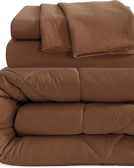 NTBAY Twin Comforter Set with Sheets, 5 Pieces Soft and Breathable Twin Bedding Set, Twin Bed in a Bag, Down Alternative Comforter Set Solid Color All Season, Kids Bedding Set, Brown