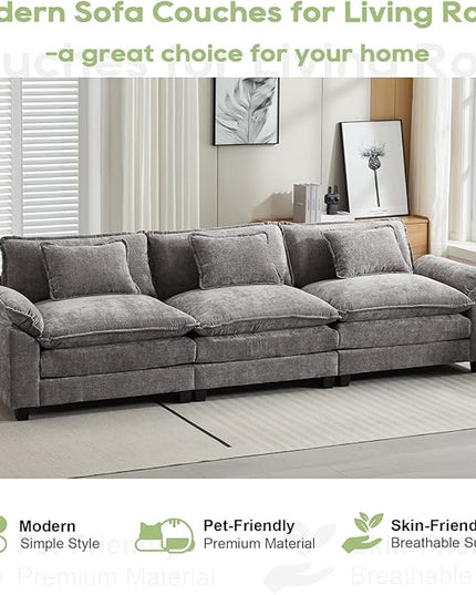 120" Modular Sectional Sofa, Comfy Cloud Couch Sectional Sofa, Chenille Sofa Sleeper Deep Seat Sofa with Throw Pillows for Living Room (Light Gray, 120"- 3 Seater)
