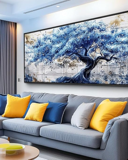 ERQINHUA Large Canvas Wall Decor For Living Room Wall Art For Bedroom Office Home Decor Blue Tree Wall Paintings Farmhouse Abstract Watercolour Pictures Artwork Ready To Hang 32x72 In Black Framed