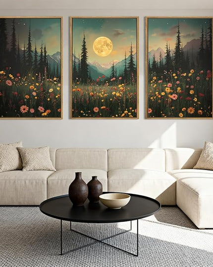 ANHUIB Large Wildflower Wall Art Mountain Floral Wall Decor Pine Tree Paintings Set of 3 for Living Room Bedroom Dining Room 16x24 Inch