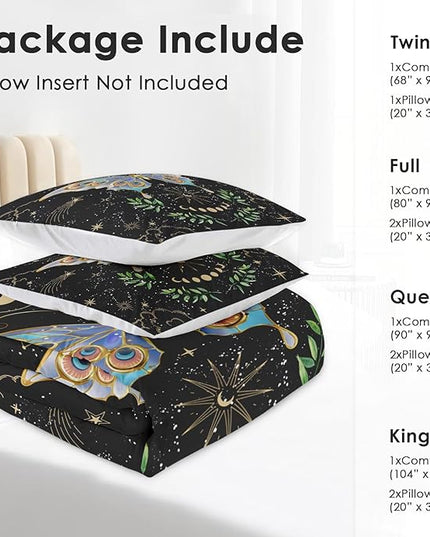 Comforter Set King Size, Gothic Butterfly Moon Soft 3 Pcs Bedding for Kids and Adults Botanical Plant Leaf Comforter Set with 2 Pillowcases for Bedroom Bed Decor