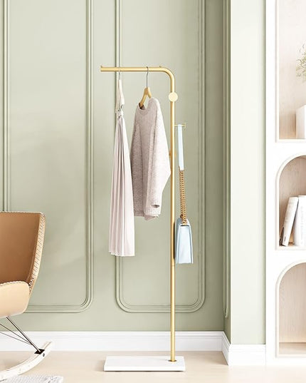 Gold Coat Rack with White Base, Freestanding Entryway Rack with 3 Hooks, L Shape Home Coat Hanger for Jackets, Hats, Clothes