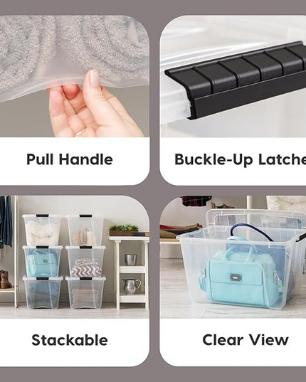 IRIS USA 54 Qt Stackable Plastic Storage Bins with Lids, 6 Pack - BPA-Free, Made in USA - See-Through Organizing Solution, Latches, Durable Nestable Containers, Secure Pull Handle - Clear