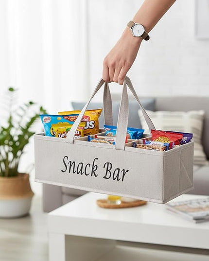 Snack Organizer for Countertop, Fabric Snack Organizer with Handle, 6 Compartment Snack Tray Snack Basket Container, Foldable Picnic Basket, Kitchen Pantry Organizer and Storage-Khaki Stripe