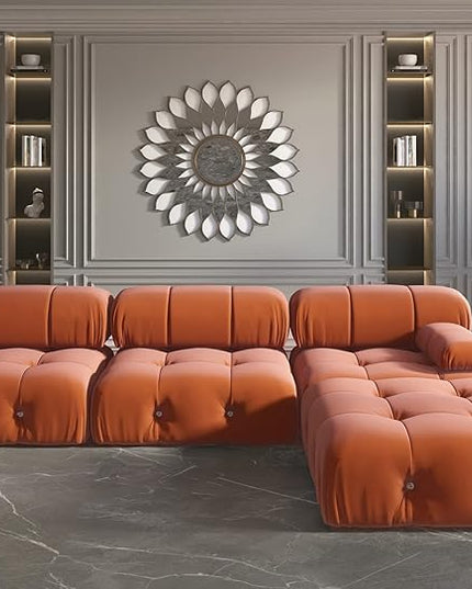 JACH 104" Sectional Couches for Living Room, L-Shaped Minimalist Velvet Sofas, Mid-Century Modular Sofa with Reversible Chaise Ottoman, Orange Sofas Furniture for Living Room, Apartment