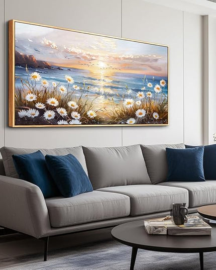 PHAOHUAXM Large Wall Decor For Living Room Canvas Wall Art For Office Bedroom AestheticBlue Ocean Landscape Painting Artwork Pictures Beach Posters Ready To Hang Home Decoration 30"x60" Wood Framed