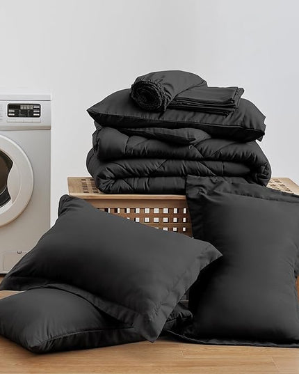 Love's cabin Full Comforter Set Black, 7 Pieces Full Bed in a Bag, All Season Bedding Sets with 1 Comforter, 1 Flat Sheet, 1 Fitted Sheet, 2 Pillowcase and 2 Pillow Sham