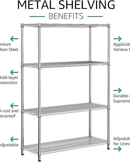 IZEUK 3400 LBS Garage Shelving Wide Storage Shelves 4 Tier Metal Shelves Heavy Duty Adjustable Utility Shelf Rack Chrome 17.7" D x 47.2" W x 70.4" H