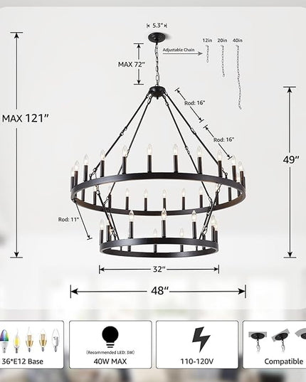 Black Wagon Wheel Chandelier 2 Tier 36-Light, 48-Inch Large Farmhouse Industrial Chandelier Round Rustic Pendant Light Fixture for High Ceilings Foyer, Entryway, Dining Room, E12
