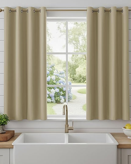 BONZER 100% Blackout Curtains 4 Panels - 54 x 54 Inch Thermal Insulated Full Light Blocking Window Drapes with Black Laminated Backing, Single Layer Grommet Curtain for Bedroom/Living Room, Taupe