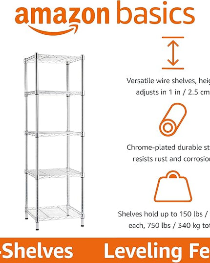 Amazon Basics 5-Shelf Tower Adjustable Storage Shelving Unit, Chrome, 16 D x 16 W x 54 H in