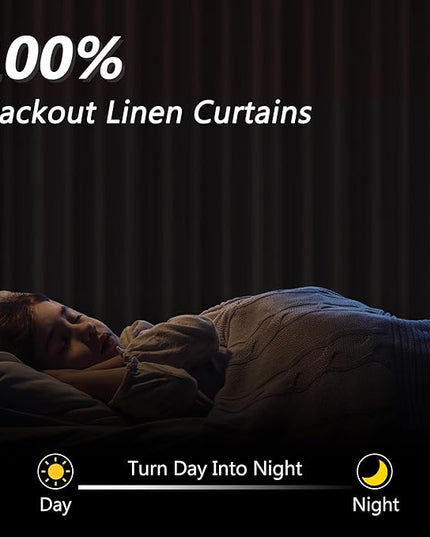 Guken White Linen Blackout Curtains 105 Inch Length 2 Panels Set for Living Room Bedroom Back Tab Thermal Insulated 100% Black Out Linen Drapes Room Darkening Window Curtains Pure White