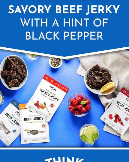 Think Jerky Classic Beef Jerky, Grass-Fed High Protein Beef Jerky, Gluten Free, No Antibiotics or Nitrates, Healthy Chef Crafted Recipe, Low Calorie and Low Fat - 2.2 oz Bags, 4 Pack