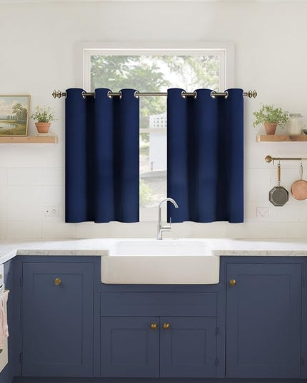 YoungsTex Navy Blue Kitchen Curtains 36 Inch Length - Short Half Drapes with Grommet Room Darkening Privacy for Cafe Bathroom Window, 2 Panels, 34 x 36 Inch
