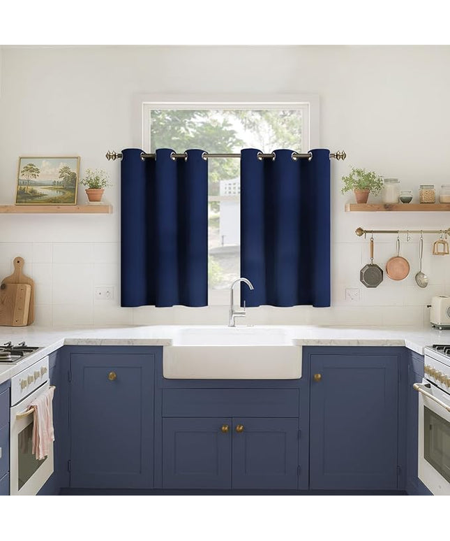 YoungsTex Navy Blue Kitchen Curtains 36 Inch Length - Short Half Drapes with Grommet Room Darkening Privacy for Cafe Bathroom Window, 2 Panels, 34 x 36 Inch