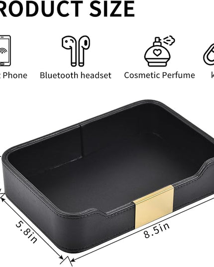 Luxury Leather Valet Tray Desktop Storage Organizer,Bedside Vanity Catchall Tray Nightstand Caddy Holder for Cosmetic,Jewelry,Watch,Keys,Phone,Wallet,Remote Controller,Pen,Black