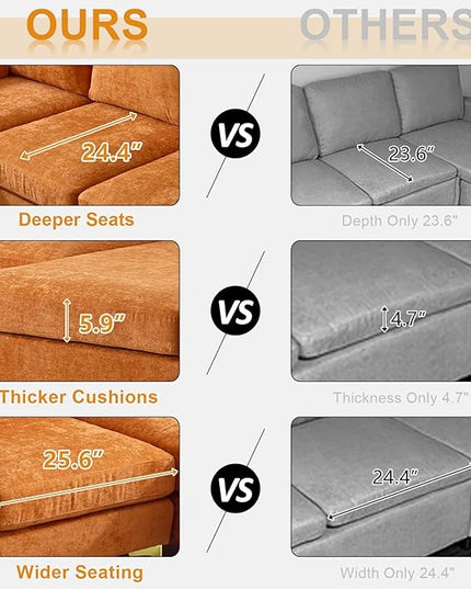 VINGLI 110" Sectional Couches for Living Room,U Shape Couch with Double Chaise, 4-Seat Sofa Set with Chenille Fabric for Home Furniture,Burnt Orange