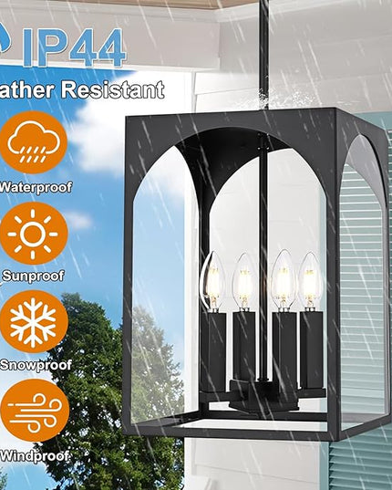 VINLUZ Large Outdoor Indoor Pendant Light 4-Light, Classic Black Finish Metal Chandelier Outside Hanging Fixture Ceiling Mount with Clear Glass Shade for Front Porch Entrance Foyer