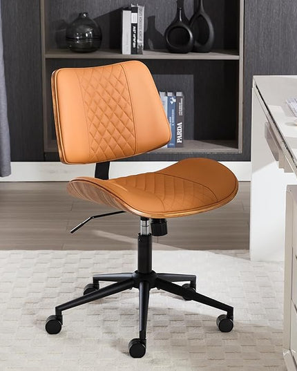 Home Office Chair No Arms with Wheels, Adjustable Height PU Leather Mid Back, 360 Swivel Computer Small Desk Chair, Armless Modern Walnut Style for Office, Reading Meeting Room(Brown)