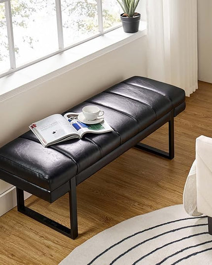 HULALA HOME 53" Faux Leather Entryway Bench, Button Tufted End of Bed Bench Ottoman for Bedroom, Living Room with Metal Base,Black