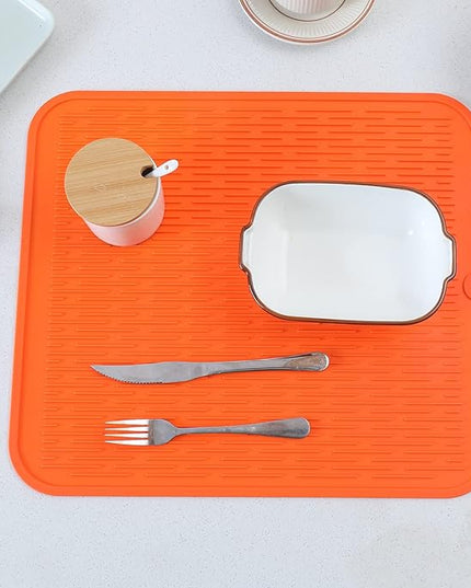 Silicone Dish Drying Mat for Multiple Usage,Easy clean,Eco-friendly,Heat-resistant Silicone Mat for Kitchen Counter or Sink,Refrigerator or Drawer Liner Orange XL 18 inches x 16 inches