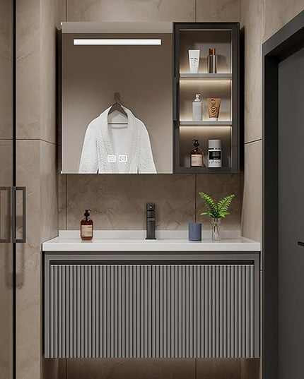 Grey Bathroom Vanity With Sink - 36IN Bathroom Vanity Include Smart Defog Mirror Cabinet & LED Light & 2 Drawers | Side Cabinet Storage Design & Three-Dimensional Stripe Design, Easy to Install