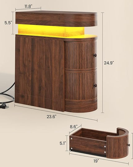 Nightstand with LED Lights, Narrow Nightstand with 3 Drawers, Curved Edge Sliding Top Storage Space for Bedroom, Living Room