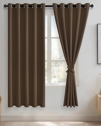 JIUZHEN Brown Blackout Curtains with Tiebacks - Thermal Insulated, Light Blocking and Noise Reducing Grommet Curtains for Bedroom and Living Room, Set of 2 Window Curtain Panels, 60 x 72 Inch Length