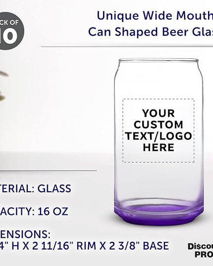 Custom Beer Can Glasses Set of 10, 16 oz. Pint Sized, Promotional Text, Logo, Soda Can Shape, Glassware, Purple