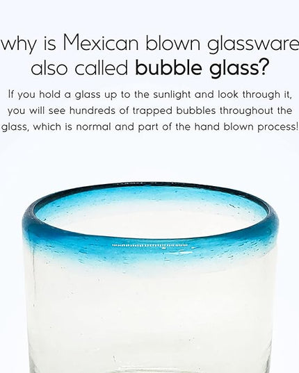 Aqua Blue Rim 8 oz DOF Rocks Glasses (set of 6) Mexican Handmade Glassware, Recycled Glass, Lead-free, Toxin-Free (DOF Rocks)