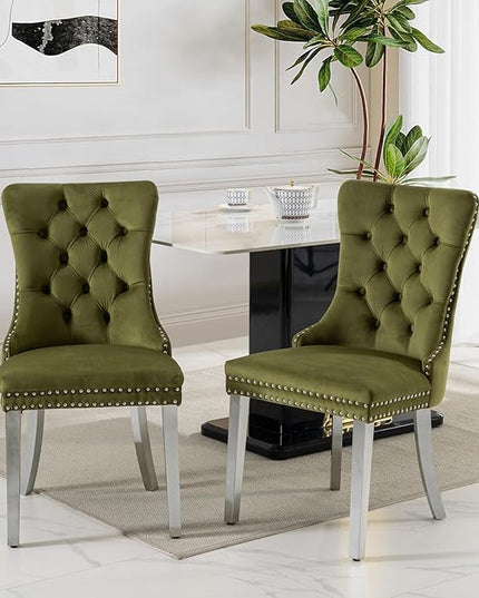 SoarFlash Velvet Dining Chairs Set of 2, Tall Back Side Chair, Modern Upholstered Side Chair with Button Back Ring, Silver Plated Stainless Steel Legs (Olive Green)