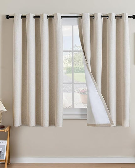 H.VERSAILTEX Linen Curtains 100% Blackout Curtains for Bedroom 54 inch Long Full Light Blocking Nature Linen Blended Window Curtains for Living Room Nickel Grommet (2 Panels, Heathered Natural)
