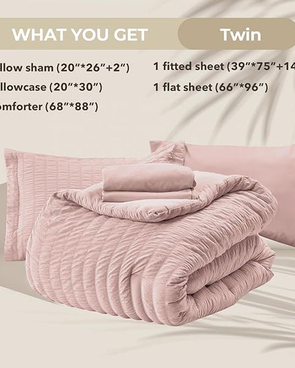 HYMOKEGE Rose Gold Twin Comforter Set Seersucker 5 Pieces, All Season Luxury Bed in a Bag Queen for Bedroom, Bedding Set with Comforter, Sheets, Pillowcase & Sham
