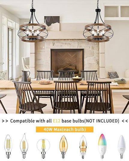 5-Light Farmhouse Chandelier, 17.72" Rustic Drum Dining Room Light Fixture, Vintage Wood Finish Metal Hanging Pendant Lighting, Industrial Candle Chandeliers for Living Room Kitchen Entryway Bedroom