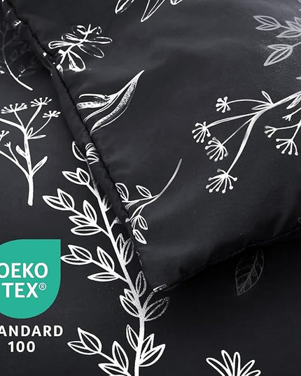 MUXHOMO Black Twin Comforter Set, Elegant Floral Print Bed in a Bag 5 Pieces, Ultra Soft & Breathable Reversible Botanical Pattern Bedding Set with Comforter, Sheets, Pillowcase, and Sham